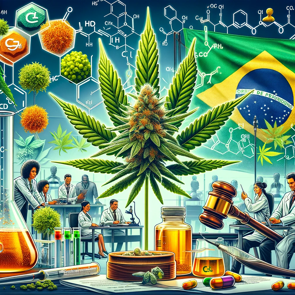 Uma ilustração detalhada da planta Cannabis sativa L., focando em suas flores, de onde o CBD é extraído, com anotações científicas para enfatizar o aspecto medicinal.
