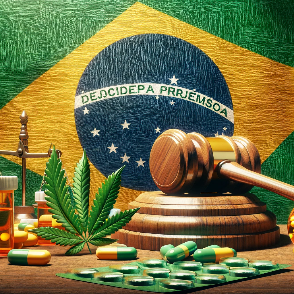  imagem simboliza a evolução do status legal do CBD no Brasil, representada pela bandeira brasileira com elementos que sugerem a transição de proibição para aceitação médica.