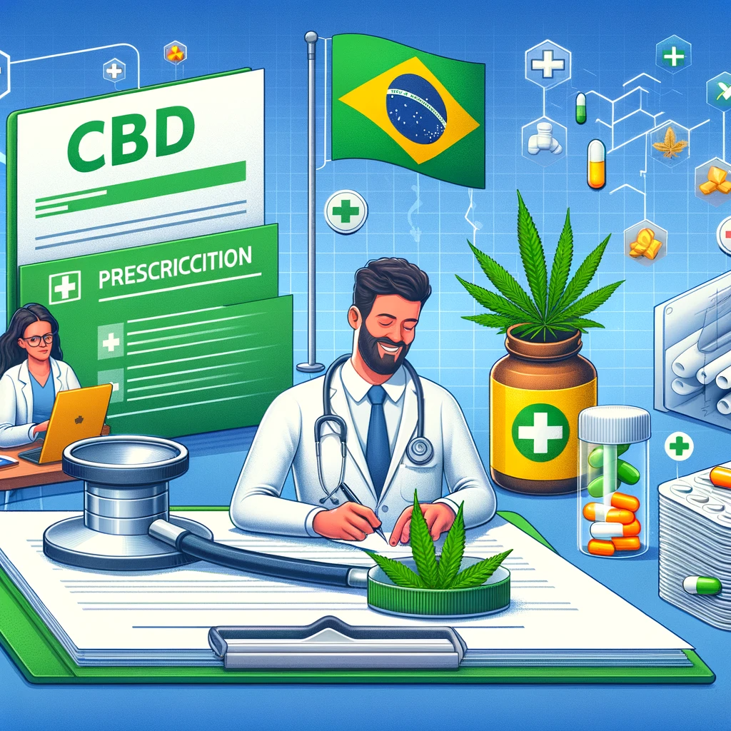 imagem destaca o processo de prescrição de CBD no Brasil, com ênfase na prescrição restrita por profissionais médicos especializados.